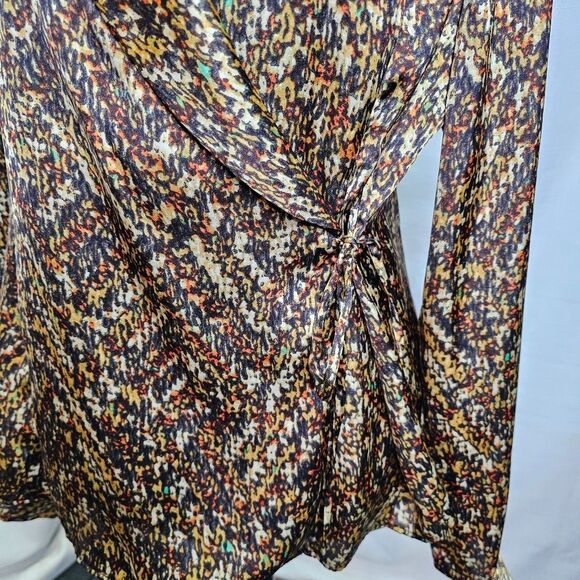 Jones New York Brown Print Satin Wrap Blouse Size Large - Picture 4 of 11